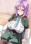  1girl alternate_breast_size blush bolobolo braid breasts clorica_(rune_factory) commission frills large_breasts long_hair long_sleeves looking_at_viewer necktie on_bed open_mouth orange_eyes pixiv_commission purple_hair rune_factory rune_factory_4 solo twin_braids 