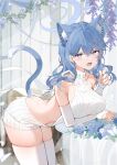 1girl :o absurdres ako_(blue_archive) alternate_costume animal_ears argyle argyle_sweater armpit_crease blue_archive blue_eyes blue_hair blush breasts bridal_gauntlets cat_ears cat_tail earrings elbow_gloves fingernails gloves halo highres jewelry kemonomimi_mode large_breasts leaning_forward looking_at_viewer meme_attire nail_polish sideless_outfit skindentation solo sweater tail thighhighs virgin_killer_sweater white_gloves white_sweater white_thighhighs yukineko1018 