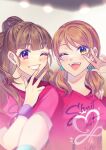  2girls ;d blurry blurry_background blush braid braided_bun brown_hair fingernails grin hair_bun highres hojo_karen idolmaster idolmaster_cinderella_girls kamiya_nao looking_at_viewer multiple_girls nail_polish one_eye_closed orange_hair pink_shirt selfie shirt short_sleeves single_hair_bun smile sss_imas twintails upper_body w wristband 