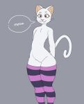  absurd_res ambiguous_gender clothing domestic_cat felid feline felis fluffy fur hi_res legwear mammal mellow_hops nude pattern_clothing pink_body pink_fur pink_nose simple_background simple_coloring smile speech_bubble stockings striped_clothing stripes tail thick_thighs white_body white_fur 