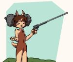 anthro azur746 blue_background bovid brown_body brown_fur brown_hair caprine ears_up fur goat gun hair holding_gun holding_object holding_weapon horn male mammal ranged_weapon simple_background solo tail tongue tongue_out weapon 