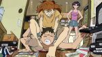  1boy 2girls anger_vein angry bag barefoot blue_pants book box brown_hair calendar_(object) casual controller counter cupboard denim denim_shorts fighting hands_on_own_hips highres ikari_shinji indoors katsuragi_misato kitchen living_room looking_at_another microwave multiple_girls neon_genesis_evangelion night note pants paper_bag pink_shirt plastic_bottle purple_hair red_hair refrigerator remote_control saplemu shirt short_sleeves shorts shouji sitting sitting_on_person sleeveless sliding_doors slippers souryuu_asuka_langley sweatdrop television trash_can utensil_rack videocassette yellow_shirt 