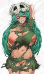  1girl :3 arm_behind_head arrancar bed_sheet bleach breasts censored closed_mouth dakimakura_(medium) dress facial_mark from_above green_dress green_hair hair_between_eyes hand_on_own_chest highres huge_breasts long_bangs long_hair looking_at_viewer mosaic_censoring navel nelliel_tu_odelschwanck nipples pussy skull_on_head smile solo sweat t3x torn_clothes torn_dress yellow_eyes 