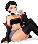  1girl bare_shoulders black_collar black_eyes black_hair black_thighhighs boruto:_two_blue_vortex breasts cleavage collar collarbone earrings eyewear_in_mouth glasses highres holding holding_eyewear jacket jewelry knees_up lipstick loodncrood looking_at_viewer makeup mouth_hold naruto_(series) navel open_clothes open_jacket short_hair short_shorts shorts sitting small_breasts solo stomach strapless thighhighs thighs tube_top uchiha_sarada white_background 
