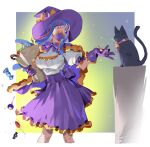  1girl bag black_cat blue_hair bow candy cape cat covered_mouth curled_horns dinosaur_girl food gloves hat holding holding_bag holding_candy holding_food horns horns_through_headwear long_hair mask mouth_mask multicolored_hair one_piece paper_bag pink_eyes pink_hair purple_bow purple_cape purple_gloves purple_headwear purple_mask purple_skirt raine_(acke2445) shirt_tucked_in skirt solo streaked_hair ulti_(one_piece) witch witch_hat 
