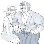  1boy 1girl bad_id bad_twitter_id bara boarsunrise breasts cleavage cow_horns demon_horns ear_wiggle extra_horns feet_out_of_frame hakama hakama_pants highres horns japanese_clothes kimono large_pectorals macroich_(housamo) motion_lines muscular muscular_male pants pectoral_cleavage pectorals short_hair short_kimono sideburns sitting thick_eyebrows tokyo_afterschool_summoners 