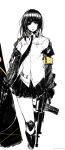  black_gloves black_hair black_necktie black_skirt blonde_hair boots chocolint eyepatch girls&#039;_frontline gloves highres knee_pads m16a1_(girls&#039;_frontline) necktie shirt short_hair skirt yellow_shirt 