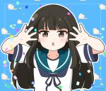  1girl black_hair blue_background blue_ribbon blue_sailor_collar blunt_bangs brown_eyes chestnut_mouth cloud commentary_request confetti hands_up hatsuyuki_(kancolle) hime_cut kantai_collection long_hair looking_at_viewer mitya neck_ribbon parted_lips puffy_short_sleeves puffy_sleeves ribbon sailor_collar shirt short_sleeves solo twitter_username upper_body very_long_hair white_shirt 