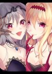  2girls absurdres armpits black_choker black_veil blonde_hair blush breasts choker cleavage collarbone dress eyelashes fortuna_regina_(idolmaster) gloves grey_hair hair_between_eyes hairband highres idolmaster idolmaster_cinderella_girls jewelry kanzaki_ranko kurosaki_chitose lace lace_gloves long_hair looking_at_viewer medium_breasts multiple_girls open_mouth pendant purple_eyes red_eyes smile soubimonogatari507 veil 