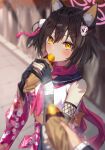  1girl animal_ear_fluff animal_ears autumn black_gloves blue_archive brown_hair e_buki eating eyeshadow floral_print food fox_ears fox_girl gloves hair_ornament halo highres holding holding_food izuna_(blue_archive) japanese_clothes looking_at_viewer makeup neckerchief partially_fingerless_gloves pink_neckerchief pom_pom_(clothes) pom_pom_hair_ornament red_eyeshadow roasted_sweet_potato solo_focus steam sweet_potato yellow_eyes 