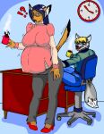  anthro belt beverage big_breasts blonde_hair blue_eyes blue_hair bottomwear breasts canid canine canis chair clothing coffee danellz desk digital_media_(artwork) domestic_cat duo eyewear felid feline felis female footwear furniture glasses hair hand_on_butt high_heels huge_breasts male mammal mug nipple_outline open_mouth pants pregnant pregnant_female shirt shoes table topwear wolf 