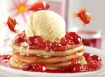  absurdres blurry blurry_background cherry clownfish dated depth_of_field fish floating food food_focus fruit highres ice_cream no_humans original pancake pancake_stack plate signature surreal syrup tainosuke tropical_fish 