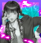  076kim 1girl absurdres blazer border braid collared_shirt greyscale_with_colored_background hair_behind_ear hair_ribbon hand_on_own_hip heart heart_in_eye highres ive_(group) jacket k-pop leaning_to_the_side light_particles looking_at_viewer love_dive_(ive) necktie parted_lips portrait purple_border real_life rei_(ive) ribbon shirt solo song_name symbol_in_eye twin_braids 