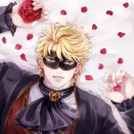  1boy alternate_costume ascot black_ascot blonde_hair blue_eyes brooch commentary_request dio_brando domino_mask ear_birthmark fangs flower grm_jogio jacket jewelry jojo_no_kimyou_na_bouken long_sleeves looking_at_viewer lying male_focus mask official_alternate_costume petals phantom_blood purple_jacket red_brooch red_flower red_rose rose shirt short_hair smirk solo teeth white_shirt 