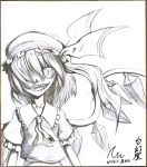  1girl ascot collared_shirt cowboy_shot crazy_eyes crazy_smile crystal flandre_scarlet frilled_shirt_collar frilled_sleeves frills graphite_(medium) greyscale hair_over_one_eye hat highres long_hair mob_cap monochrome null_(hakugenya) one_side_up puffy_short_sleeves puffy_sleeves sharp_teeth shirt short_sleeves skirt smile solo teeth touhou traditional_media vest wings 