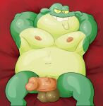 2023 amphibia_(series) amphibian anthro balls belly big_belly disney erection frog genitals green_body haxsmack hi_res lying male mayor_toadstool moobs navel nipples overweight overweight_male penis 