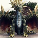  1:1 2022 3d_(artwork) absurd_res ambiguous_gender capcom claws detailed_background digital_media_(artwork) dragon elder_dragon feral floor green_body green_scales guanzorumu head_tilt hi_res horn ivorylagiacrus looking_at_viewer membrane_(anatomy) membranous_wings monster_hunter outside plant pubic_boot red_eyes rock scales scalie sharp_claws sitting sitting_on_ground solo spiked_tail spikes spikes_(anatomy) tail tile tile_floor wings 