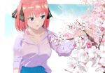  1girl alternate_costume blue_eyes blue_sky blunt_bangs blurry blush border branch breasts butterfly_hair_ornament casual cherry_blossoms cleavage collarbone commentary_request day depth_of_field dress_shirt eyelashes flower go-toubun_no_hanayome hair_ornament hand_up highres kakato_0 large_breasts looking_at_flowers medium_hair nakano_nino open_mouth outdoors pink_flower pink_hair purple_shirt shirt sky smile solo spring_(season) standing straight_hair two_side_up upper_body white_border white_flower 