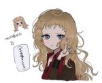  1girl :| blonde_hair closed_mouth eyelashes gnosia grey_eyes hand_in_own_hair hand_up kukrushka_(gnosia) long_hair long_sleeves mikomi_(90m5x) short_bangs simple_background speech_bubble translation_request upper_body white_background 