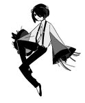  1other bob_cut buttons closed_mouth full_body greyscale hair_ornament hair_over_one_eye long_sleeves looking_at_viewer machigami_yoh monochrome original pants shirt shoes short_hair simple_background solo suspenders white_background wide_sleeves 