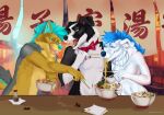  absurd_res blue_eyes blue_hair bowl canid canine canis chopsticks container domestic_dog eating female food fur group hair hi_res male mammal mordorinka noodles open_mouth restaurant spitz text tongue trio wolf 