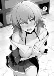  !? 1girl ^^^ absurdres aisutei arm_under_breasts bare_shoulders blush breasts choker collarbone commentary_request corset earrings from_above gloves greyscale halftone hand_on_own_chest highres honkai:_star_rail honkai_(series) jacket jewelry long_sleeves looking_at_viewer march_7th_(honkai:_star_rail) medium_breasts medium_hair miniskirt monochrome nose_blush open_mouth paid_reward_available paper partially_fingerless_gloves pleated_skirt shirt single_earring single_glove skirt solo tile_floor tiles 