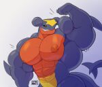  2023 abs anthro areola biceps big_muscles biped clothed clothing crocobu digital_media_(artwork) flexing flexing_bicep garchomp generation_4_pokemon hi_res huge_muscles ineffective_clothing male muscular muscular_anthro muscular_male nintendo nipples pecs pokemon pokemon_(species) simple_background smile solo topwear triceps 