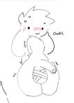  anthro balls bandage blush blush_lines bodily_fluids english_text genitals hair hands_behind_back hi_res lagomorph leporid male mammal monochrome moxiidraws penis rabbit simple_background sketch solo sweat text white_background 