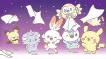  &gt;_&lt; :d blanket commentary_request espurr gradient_background milcery no_humans official_art open_mouth pichu pikachu piplup pokemon pokemon_(creature) rowlet scorbunny smile standing tongue 