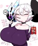  1girl animal_ears bare_shoulders black_choker blue_nails blush breasts broken_horn choker cleavage closed_eyes cow_ears dress food food_in_mouth heart heart_necklace horns huge_breasts jewelry mato_tsuyoi nail_polish necklace original pocky pocky_day pocky_in_mouth purple_dress white_background white_hair yamada_vanhouten 
