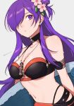  1girl armband bare_shoulders bikini black_bikini black_choker breasts choker cleavage commentary fire_emblem fire_emblem:_three_houses fire_emblem_heroes fire_emblem_warriors:_three_hopes flower grey_background hair_flower hair_ornament hibiscus highres long_hair looking_at_viewer medium_breasts navel peach11_01 pink_flower purple_eyes purple_hair shez_(female)_(fire_emblem) shez_(fire_emblem) simple_background solo stomach swimsuit upper_body very_long_hair 