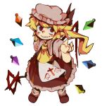  1girl blonde_hair blush_stickers bow crystal ezier flandre_scarlet frilled_skirt frills grin hat hat_bow highres laevatein_(touhou) mob_cap red_bow red_eyes red_footwear red_shirt red_skirt sharp_teeth shirt side_ponytail skirt smile solo standing teeth touhou 