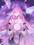  1girl bare_shoulders breasts elysia_(herrscher_of_human:ego)_(honkai_impact) elysia_(honkai_impact) english_commentary hair_over_one_eye highres honkai_(series) honkai_impact_3rd large_breasts long_hair open_hands open_mouth pink_hair solo very_long_hair weeiskaw white_headwear white_sleeves 