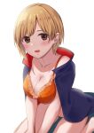  1girl aiba_yumi bare_shoulders barefoot blonde_hair blue_jacket blush bra breasts brown_eyes cleavage collarbone commentary dot_nose from_above highres idolmaster idolmaster_cinderella_girls idolmaster_cinderella_girls_starlight_stage jacket jacket_on_shoulders kozeni_isari looking_at_viewer medium_breasts open_mouth orange_bra short_hair simple_background sitting smile solo underwear wariza white_background 