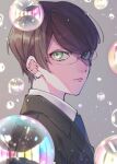 1boy black_jacket blue_necktie brown_hair bubble collared_shirt from_side fujikawa_ua glasses green_eyes grey_background highres jacket lapels light_particles looking_at_viewer looking_to_the_side male_focus necktie notched_lapels parted_lips shirt short_hair soap_bubbles solo swept_bangs tennis_no_ouji-sama upper_body white_shirt yagyuu_hiroshi 
