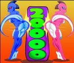  2018 20000 2000_(subs) achievement alternate_color anthro areola balls big_breasts big_penis blue_areola blue_body blue_eyes blue_glans blue_nipples blue_scales blue_skin breasts butt butt_bump celebration digital_media_(artwork) duo genitals glans gradient_background gynomorph herm_(lore) hip_check intersex june_(justathereptile) justathereptile komodo_dragon lizard looking_at_viewer milestone monitor_lizard motion_lines nipples non-mammal_breasts nude number orange_background party_horn penis pink_areola pink_glans pink_nipples raised_tail red_eyes reptile scales scalie scutes simple_background smile standing_on_toes tail watermark yellow_background 