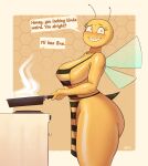  absurd_res antennae_(anatomy) anthro apron apron_only arthropod bee big_breasts big_butt blush bodily_fluids breasts butt clothing cooking english_text female hi_res humor hymenopteran insect kryadrawgin pun russian_cooking_oil_commercial solo stinger sweat sweaty_breasts sweaty_butt sweaty_legs sweaty_thighs text wings yellow_body 