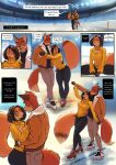  2023 5_fingers anthro belt black_hair black_nose bottomwear breasts canid canine cleavage clothed clothing comic dialogue digital_media_(artwork) duo english_text female fingers fox fur hair hand_holding hi_res humanoid_hands ice_rink ice_skates ice_skating jacket male male/female mammal multicolored_body multicolored_fur open_mouth open_smile orange_body orange_fur pants roman_(woadedfox) romantic romantic_couple roza_(woadedfox) smile speech_bubble sweater tan_body tan_fur teeth text topwear two_tone_body two_tone_fur woadedfox 