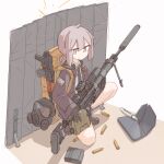  1girl ahoge assault_rifle backpack bag barricade binoculars bipod black_gloves black_necktie bolt_action cheytac_m200 collared_shirt commentary_request flat_chest full_body gas_mask girls&#039;_frontline gloves grey_eyes grey_hair gun highres holding holding_gun holding_weapon jacket kalashnikov_rifle kneeling m200_(girls&#039;_frontline) magazine_(weapon) mask mask_removed medium_hair necktie player193 ponytail rifle scope shell_casing shirt shoes sidelocks skirt sneakers sniper_rifle solo sweatdrop weapon white_shirt 