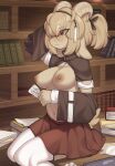  absurd_res anthro blush book bovid breasts brown_body brown_fur brown_hair caprine clothed clothing eyewear female fur glasses hair hi_res horn legwear library mammal nipples red_eyes sitting solo stockings zinfyu 