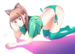  1girl animal_ears animification ass brown_eyes brown_hair capelet commentary_request fake_animal_ears foot_out_of_frame green_thighhighs hayami_sena highres long_hair mashin_sentai_kiramager nori_(norimakigumo) open_mouth panties ponytail short_shorts shorts side-tie_panties simple_background solo super_sentai thighhighs underwear white_background white_shorts 