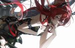  1girl arknights demon_horns from_side hair_between_eyes highres horns infection_monitor_(arknights) long_hair looking_at_viewer red_hair smile surtr_(arknights) white_background 