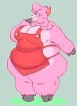  alpaca animal_crossing anthro apron apron_only bee-unit blush breasts camelid cleavage clothed clothing eyelashes female fur hi_res hooves mammal morbidly_obese nintendo obese overweight overweight_anthro overweight_female pink_body pink_fur reese_(animal_crossing) simple_background smile solo standing 