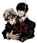  2boys black_eyes black_gloves black_hair black_jacket blonde_hair cigarette closed_mouth collared_shirt glasses gloves highres hug hug_from_behind jacket long_sleeves looking_at_viewer male_focus mole mole_under_eye mouth_hold multiple_boys my_nameisyoon nicholas_d._wolfwood red_jacket round_eyewear shirt short_hair simple_background smoking trigun upper_body vash_the_stampede white_background white_shirt 