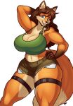  anthro big_breasts blazbaros bottomwear breasts brown_hair canid canine cleavage clothed clothing crop_top female fox fur hair hand_behind_head hand_on_hip hi_res hotpants legband long_hair looking_at_viewer mammal midriff orange_body orange_fur shirt shorts simple_background solo standing thighband topwear white_background 