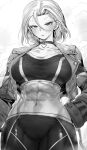  abs absurdres blush breasts cammy_white choker cropped_jacket gloves greyscale hair_between_eyes highres jacket large_breasts looking_at_viewer monochrome muscular muscular_female niwarhythm open_clothes open_jacket short_hair solo street_fighter street_fighter_6 sweat tank_top white_background 