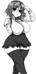  1girl blush breasts center_frills collared_shirt commentary_request covered_navel frills greyscale haseru_(ginku_mh) highres kazami_yuuka large_breasts long_sleeves looking_at_viewer monochrome open_mouth shirt simple_background solo thick_eyebrows thighhighs touhou 