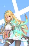  1girl absurdres aegis_sword_(xenoblade) black_pantyhose blonde_hair breasts chest_jewel dress drop_earrings earrings elbow_gloves gloves highres jewelry large_breasts long_hair microskirt mythra_(massive_melee)_(xenoblade) mythra_(xenoblade) osora_(judithandlilith) pantyhose pleated_skirt short_dress skirt sleeveless sleeveless_dress solo swept_bangs thigh_strap tiara very_long_hair white_dress white_skirt xenoblade_chronicles_(series) xenoblade_chronicles_2 yellow_eyes 