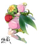  1girl :d bare_shoulders boxing_gloves character_request check_character closed_eyes digimon digimon_(creature) dress full_body gloves green_footwear green_gloves green_wings highres hug leaf_wings lilimon open_mouth pink_dress pink_hair short_hair smile togemon two-tone_dress two-tone_headwear wings youzaiyouzai112 