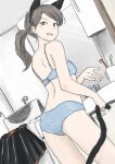  1girl animal_ear_headwear animal_ears bathroom black_skirt bra cabinet cat_ears cat_tail dutch_angle from_behind grey_bra grey_hair grey_panties highres kiloling2 open_mouth original panties pleated_skirt ponytail skirt solo standing tail toothbrush underwear underwear_only 